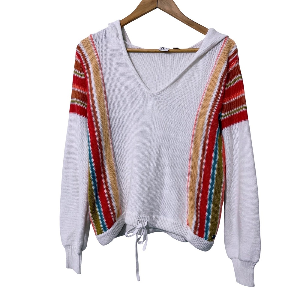 Roxy Womens Striped V-Neck Knit Hoodie XS White Multi Color Beach Surf Cropped
